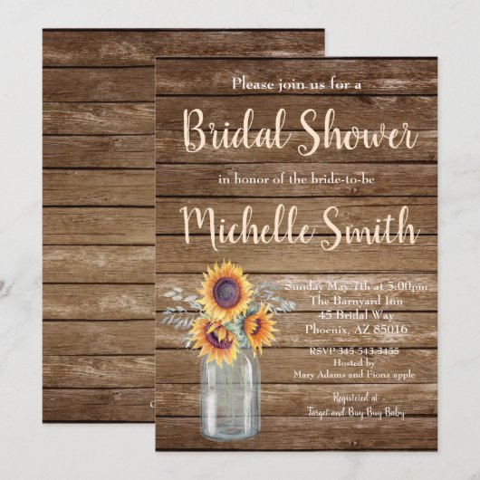 ひまわり素朴カントリーフローラウッドブライダルシャワー 招待状 (正面/裏面)