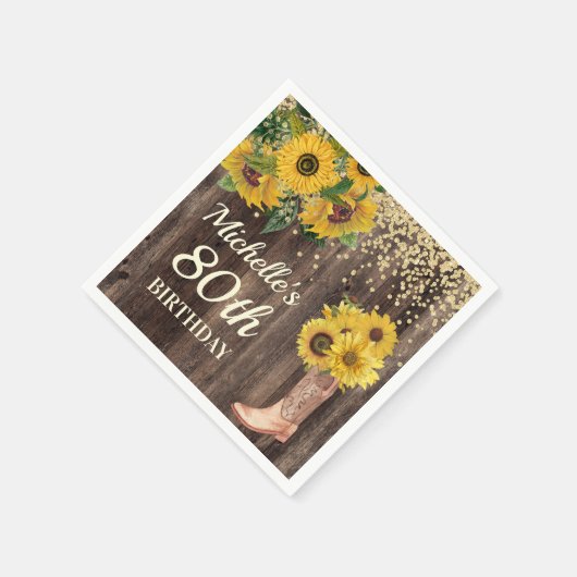 ひまわり素朴グリッターブーツウッド80誕生日 スタンダードカクテルナプキン (角)