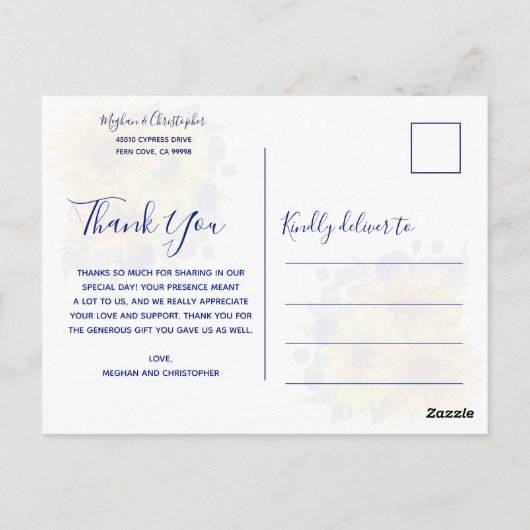 ひまわり素朴シック青バラズ結婚サンキュー ポストカード (裏面)