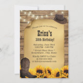 ひまわり素朴ストリングライト女性のカーボーイ誕生日 招待状 (正面)