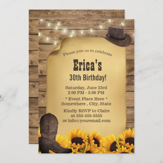 ひまわり素朴ストリングライト女性のカーボーイ誕生日 招待状 (正面/裏面)