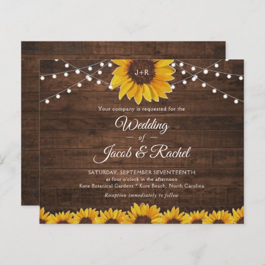 ひまわり素朴ストリングライト結婚式招待状 (正面/裏面)