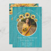 ひまわり素朴ティール（緑がかった色）ウッド結婚ズブライダルシャワー 招待状 (正面/裏面)