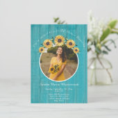 ひまわり素朴ティール（緑がかった色）ウッド結婚ズブライダルシャワー 招待状 (スタンド正面)