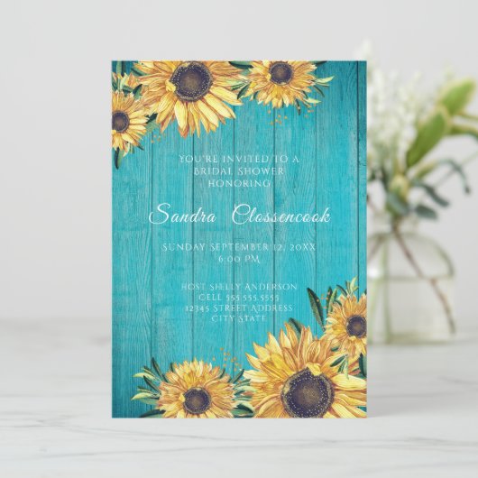 ひまわり素朴ティール(緑がかった色)ウッド結婚ズブライダルシャワーI 招待状 (スタンド正面)