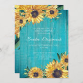 ひまわり素朴ティール(緑がかった色)ウッド結婚ズブライダルシャワーI 招待状 (正面/裏面)