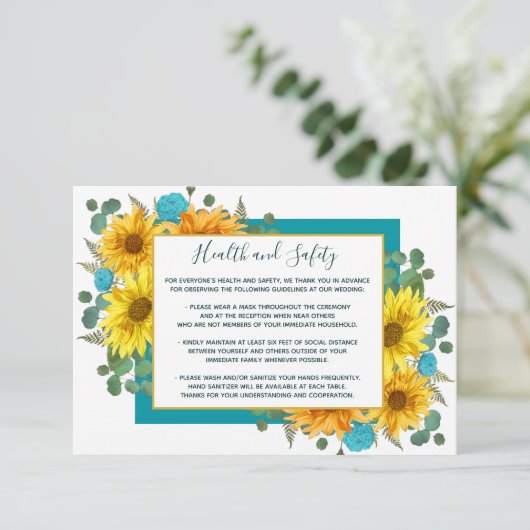 ひまわり素朴ティール（緑がかった色）バラ結婚の安全性向上 エンクロージャーカード (スタンド正面)