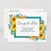 ひまわり素朴ティール(緑がかった色)バラ結婚の日付の変更 案内ポストカード (正面/裏面)