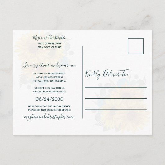 ひまわり素朴ティール（緑がかった色）バラ結婚の日付の変更 案内ポストカード (裏面)