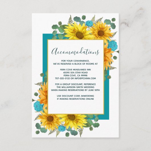 ひまわり素朴ティール(緑がかった色)バラ結婚ズ宿泊施設 エンクロージャーカード (正面)
