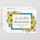 ひまわり素朴ティール（緑がかった色）バラ結婚式の日付を保存 案内ポストカード (正面/裏面)