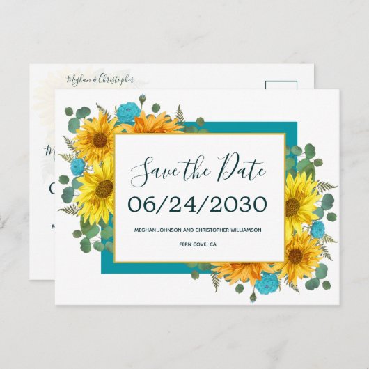 ひまわり素朴ティール（緑がかった色）バラ結婚式の日付を保存 案内ポストカード (正面/裏面)