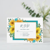 ひまわり素朴ティール（緑がかった色）ブルーバラカントリーウェディング 出欠カード (スタンド正面)