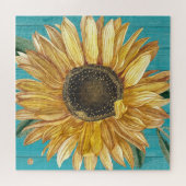 ひまわり素朴ティール(緑がかった色)ブルーバーンウッドカントリー ジグソーパズル (横)