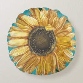 ひまわり素朴ティール（緑がかった色）ブルーバーンウッドコテージコア ラウンドクッション
