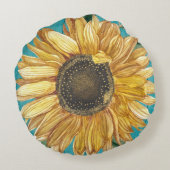 ひまわり素朴ティール(緑がかった色)ブルーバーンウッドコテージコア ラウンドクッション (裏面)