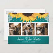 ひまわり素朴ティール(緑がかった色)結婚の写真日付を保存 案内ポストカード (正面/裏面)