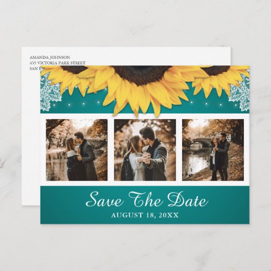ひまわり素朴ティール(緑がかった色)結婚の写真日付を保存 案内ポストカード (正面/裏面)