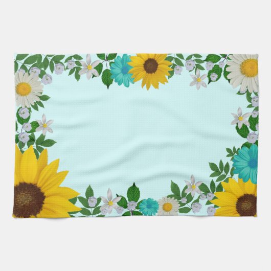 ひまわり素朴デイジーティール(緑がかった色)フローラ キッチンタオル (横)