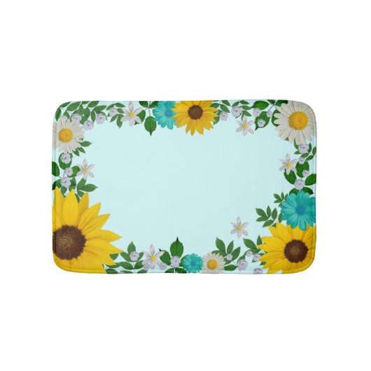 ひまわり素朴デイジーティール(緑がかった色)フローラ バスマット (正面)
