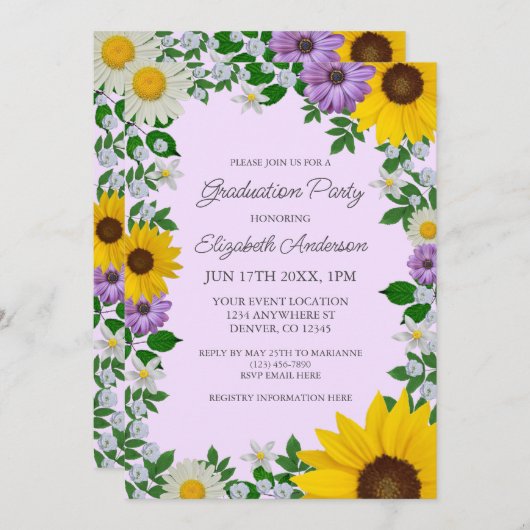ひまわり素朴デイジーフローラ卒業パーティー 招待状 (正面/裏面)