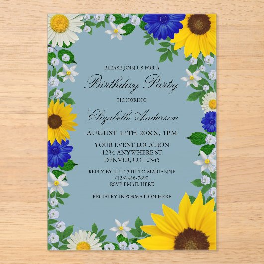 ひまわり素朴デイジーフローラ誕生日 アクリル招待状 (正面)