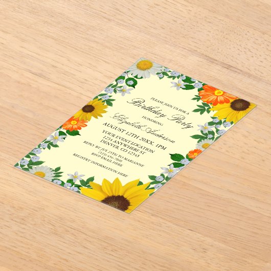 ひまわり素朴デイジーフローラ誕生日 アクリル招待状 (レイダウン)
