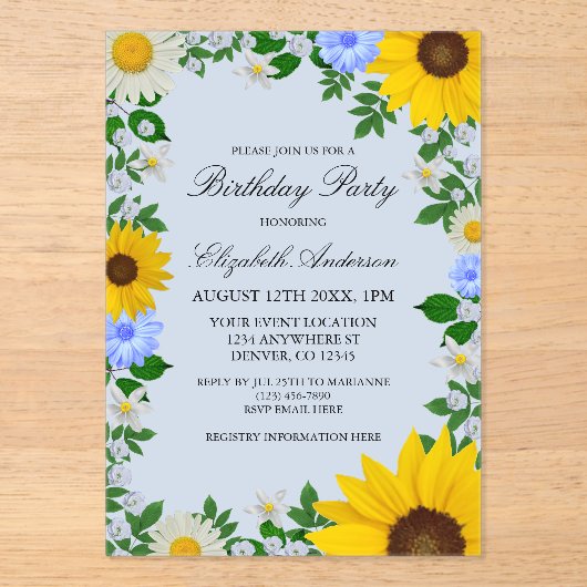 ひまわり素朴デイジーフローラ誕生日 アクリル招待状 (正面)