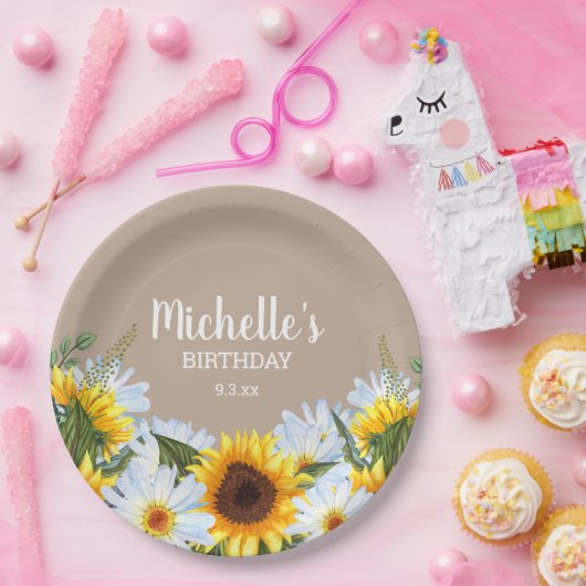 ひまわり素朴デイジー誕生日パーティー名日付 ペーパープレート (パーティー)