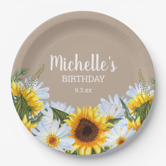 ひまわり素朴デイジー誕生日パーティー名日付 ペーパープレート (正面)