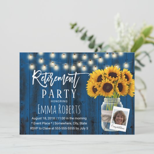ひまわり素朴ネイビーバーンウッドフォトリタイアメント 招待状 (スタンド正面)
