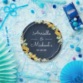 ひまわり素朴ネイビーブルーウッド結婚背景 ペーパープレート (パーティー)