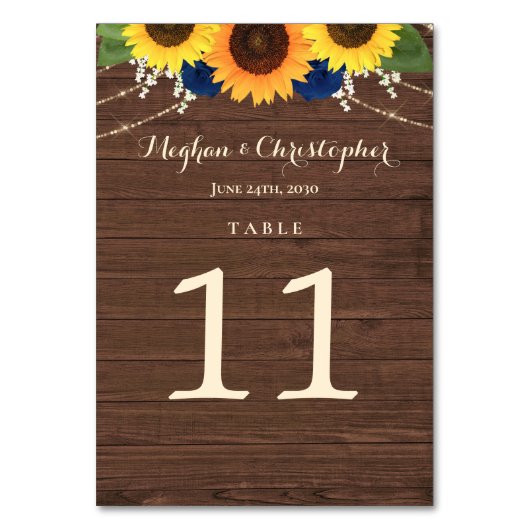 ひまわり素朴ネイビーブルーバラウッド結婚ズ テーブルナンバー (正面)