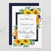 ひまわり素朴ネイビーブルーバラカントリーウェディング 招待状 (正面/裏面)