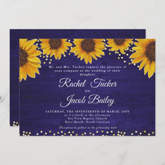 ひまわり素朴ネイビーブルー金ゴールド結婚式招待状 招待状 (正面/裏面)