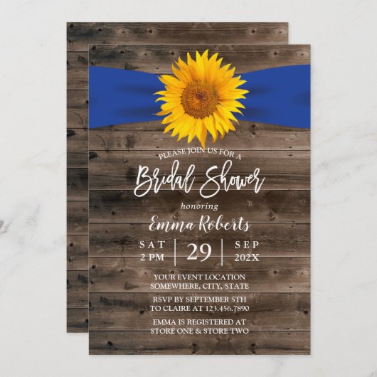 ひまわり素朴ネイビーリボンウッドブライダルシャワー 招待状 (正面/裏面)