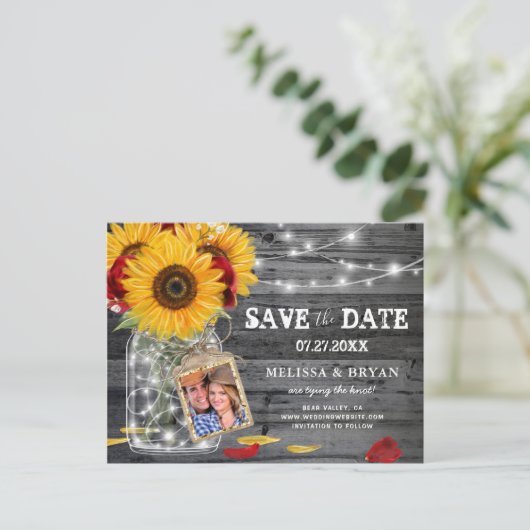ひまわり素朴バラの結婚写真日付を保存 案内ポストカード (スタンド正面)
