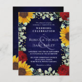 ひまわり素朴バラネイビーウッド結婚式招待状 (正面/裏面)