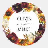 ひまわり素朴バラブルゴーニュ秋リース結婚ズ ラウンドシール (正面)