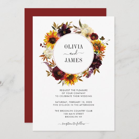 ひまわり素朴バラブルゴーニュ秋リース結婚ズ 招待状 (正面/裏面)