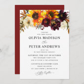 ひまわり素朴バラブルゴーニュ秋結婚フローラ 招待状 (正面/裏面)