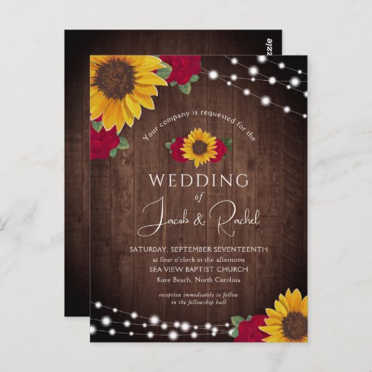 ひまわり素朴バラライト結婚式招待状 ポストカード (正面/裏面)