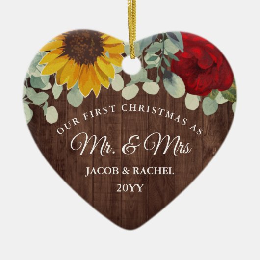 ひまわり素朴バラ初めてのクリスマスMr.そしてミセス セラミックオーナメント (正面)
