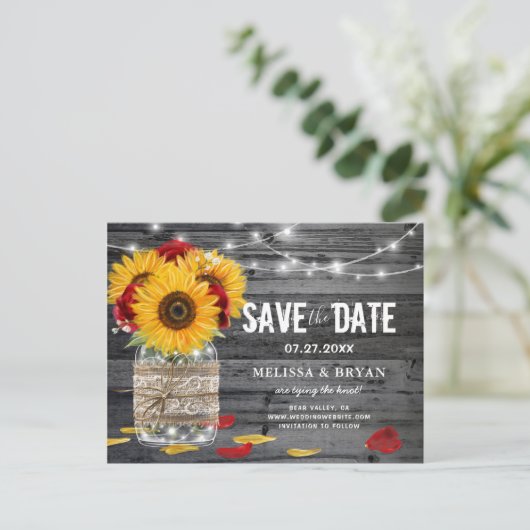 ひまわり素朴バラ結婚の木の日付を保存 案内ポストカード (スタンド正面)