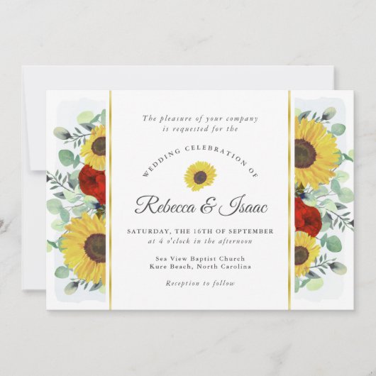 ひまわり素朴バラ緑結婚式招待状 招待状 (正面)