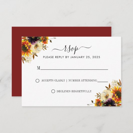 ひまわり素朴バーガンディバラモダン秋の結婚式 出欠カード (正面/裏面)