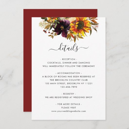 ひまわり素朴バーガンディフローラ結婚ズ詳細 エンクロージャーカード (正面/裏面)