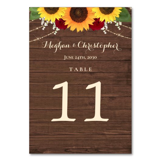 ひまわり素朴バーガンディレッドローゼズウッド結婚ズ テーブルナンバー (正面)