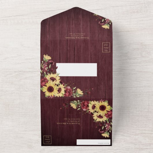 ひまわり素朴バーガンディーウッドフローラ結婚ズ オールインワン招待状 (外側)