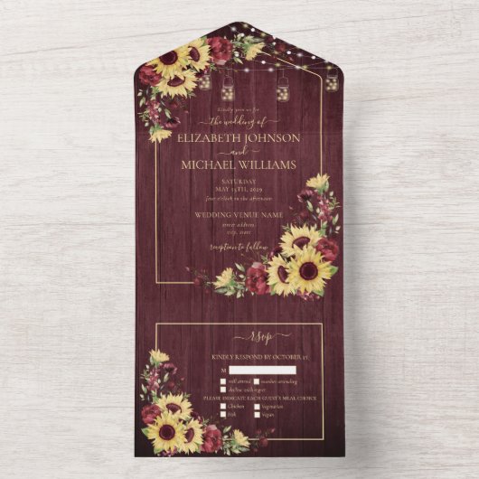 ひまわり素朴バーガンディーウッドフローラ結婚ズ オールインワン招待状 (内側)